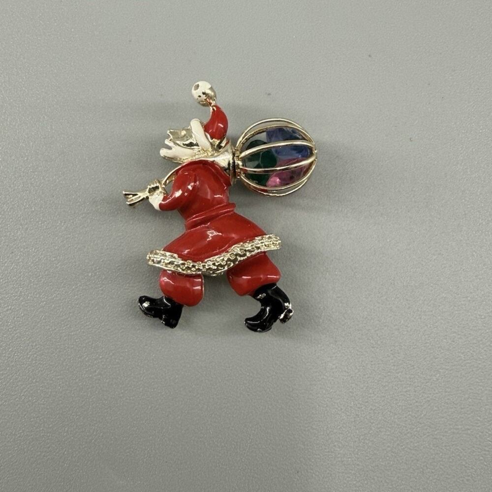 Vintage Santa Claus Brooch Enamel Caged Rhinestone Sack Christmas Holiday Pin